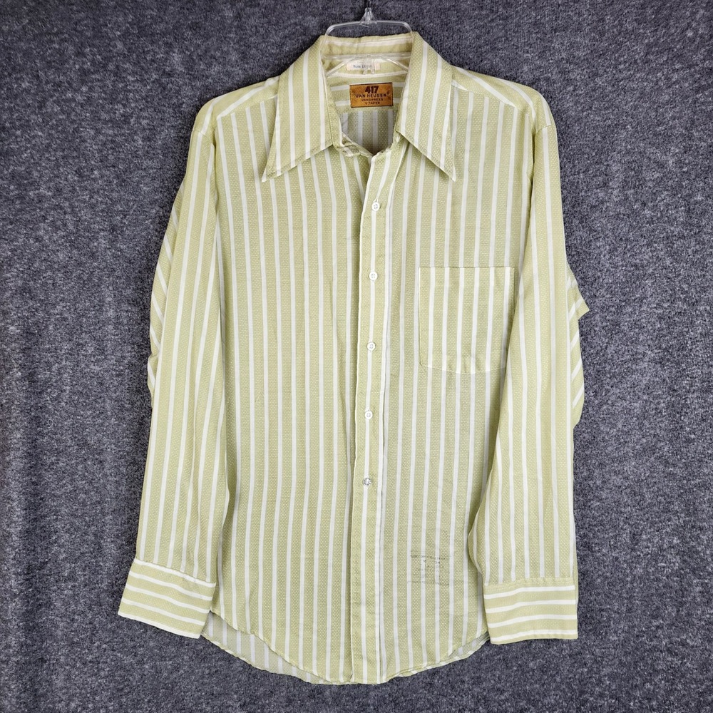 417 Van Heusen Button Down Mens 16/34 Green Striped Vintage V-Taper Shirt
